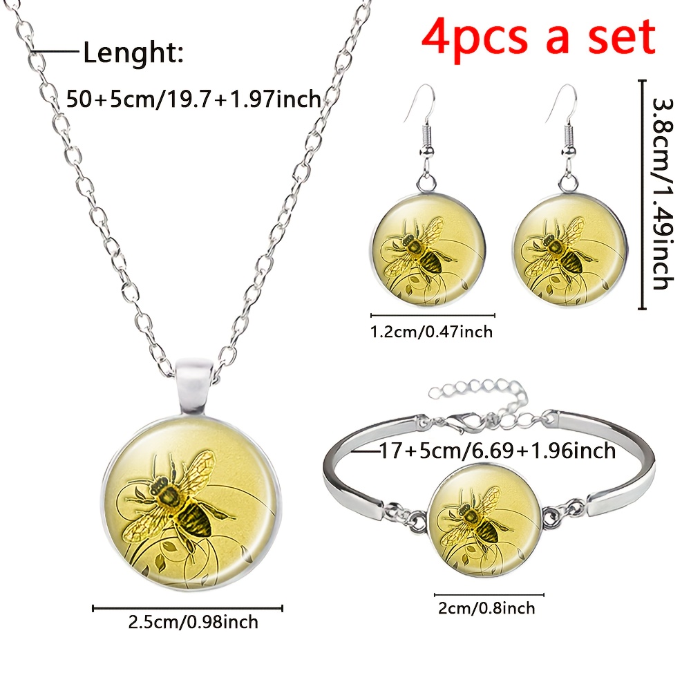 4pc Bee & Floral Jewelry Set, Necklace, Bracelet & Stud Earrings